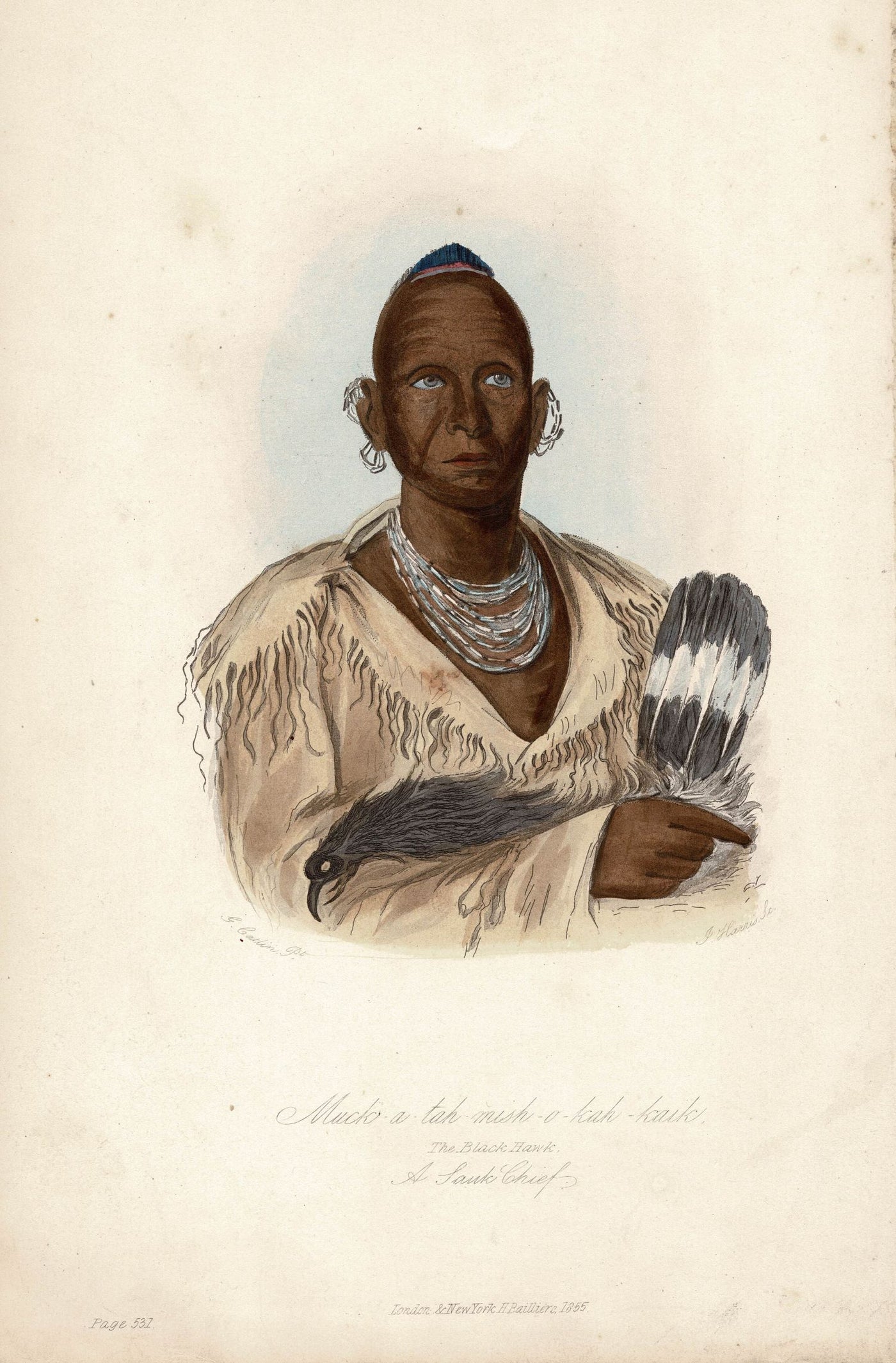 Black Hawk a Sauk Chief portrait antique print published 1855