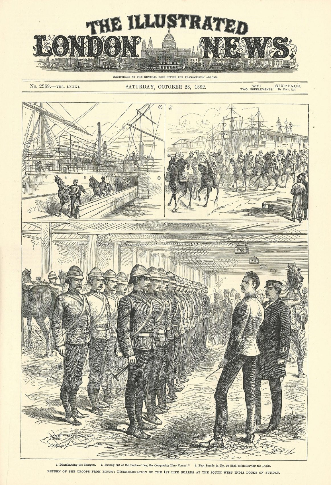 1st Lifeguards return from Egypt original antique print published 1882