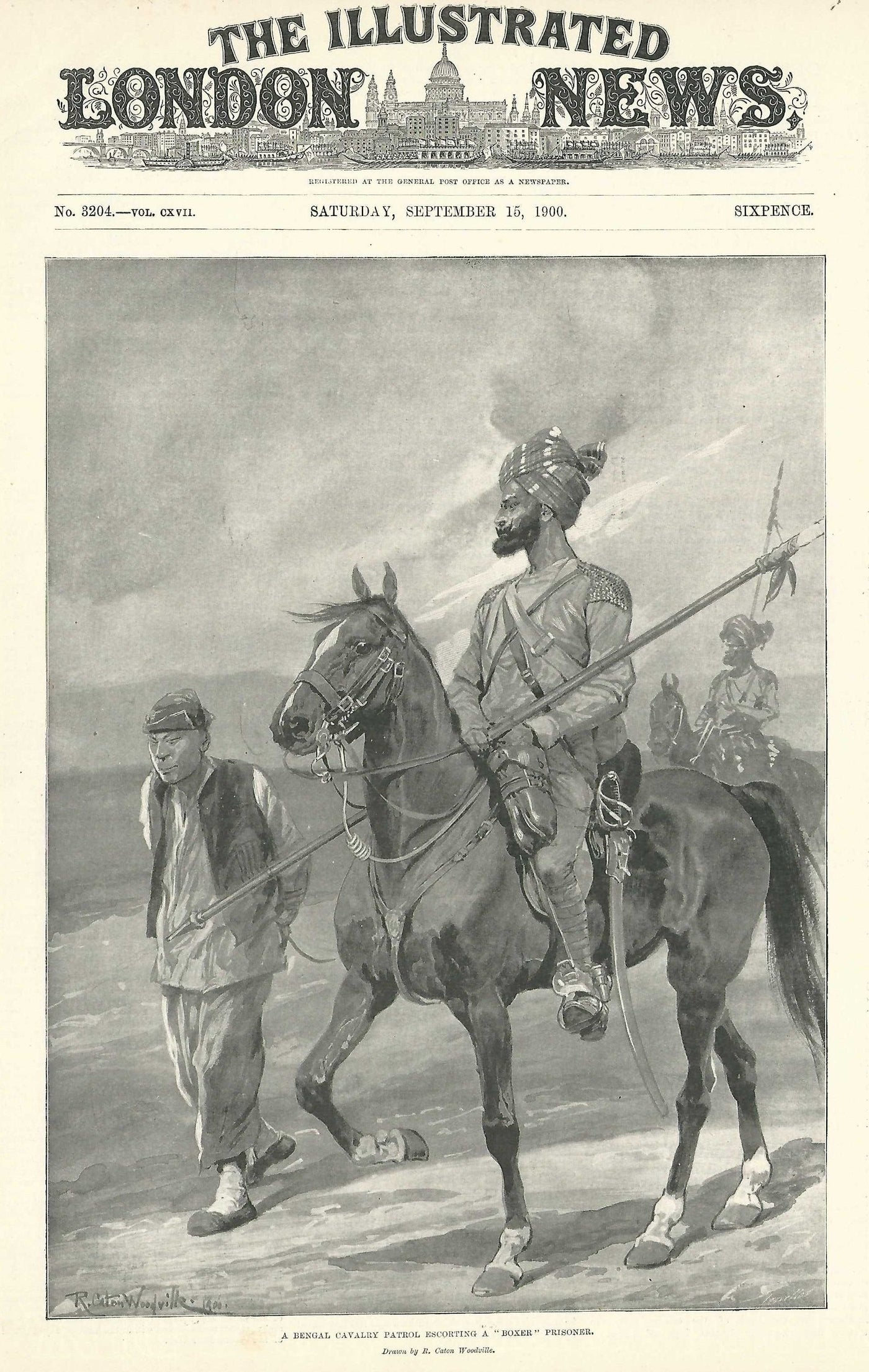 Bengal lancer escorting Chinese Boxer Rebellion prisoner antique print 1900