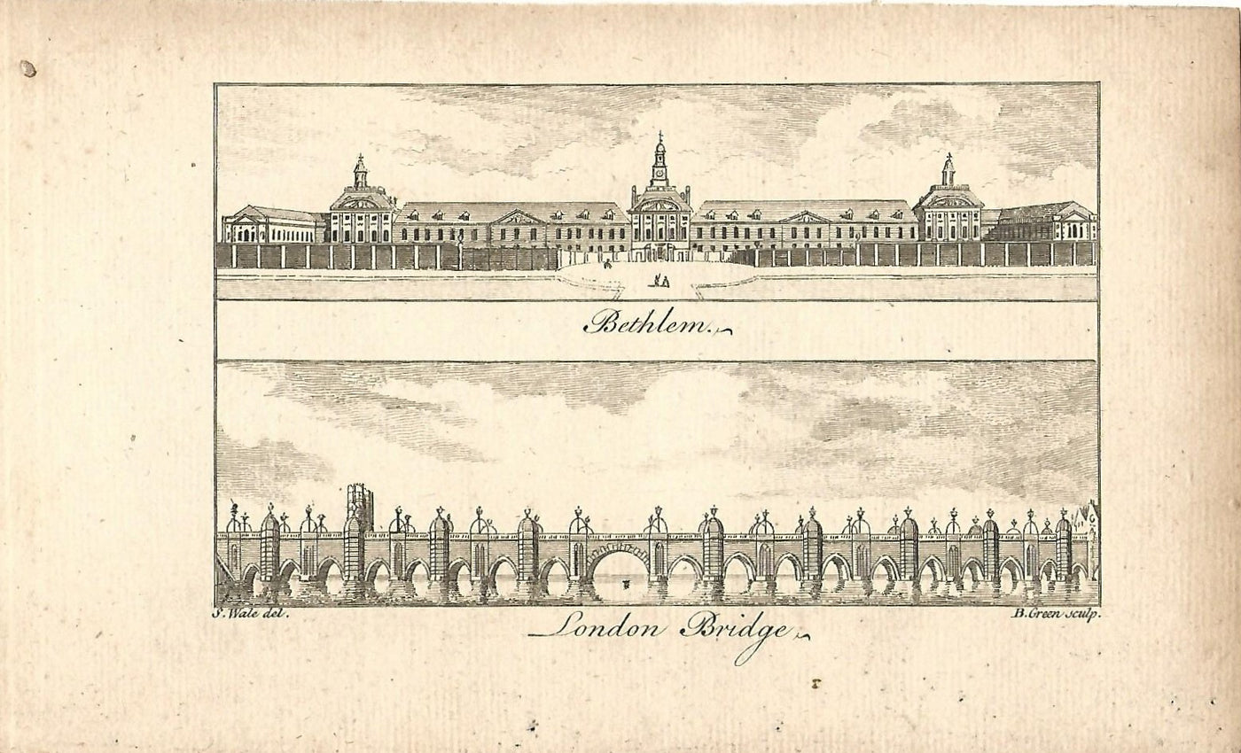 London Bridge and Bedlam antique print published 1776