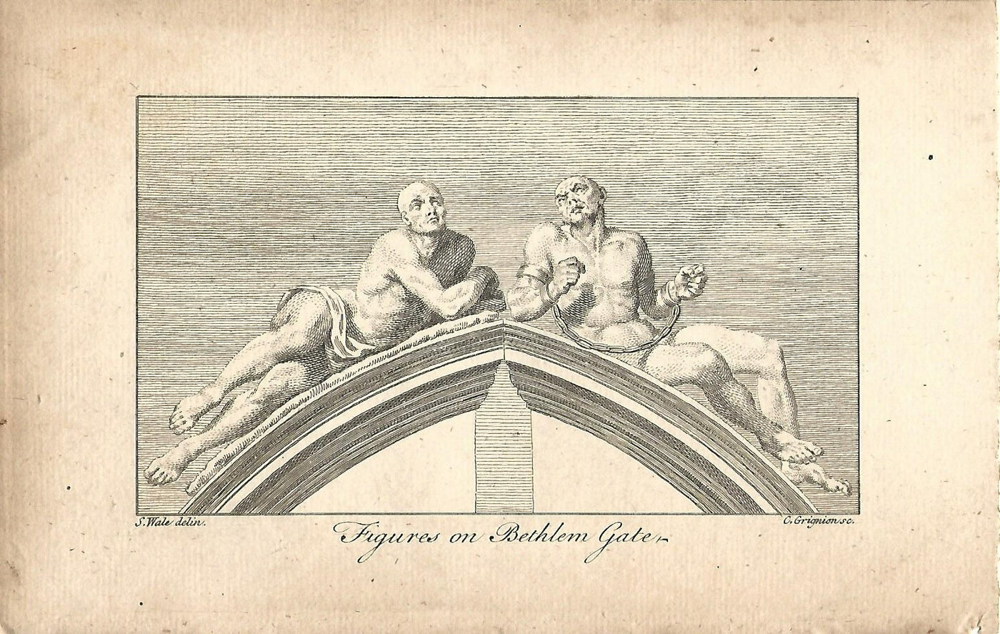 Bedlam antique print of figures on the gate published 1776
