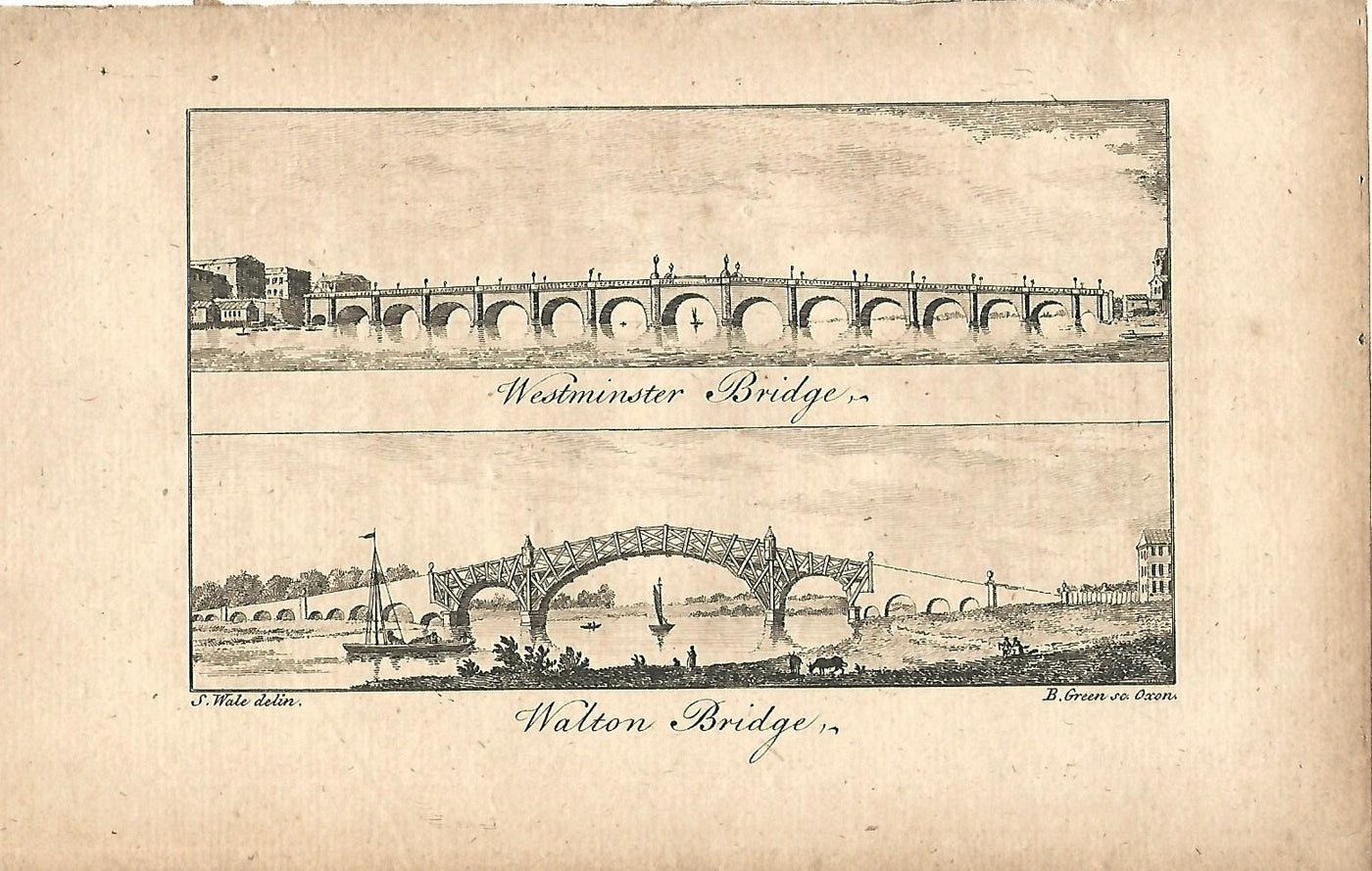 Westminster Bridge and Walton Bridge antique print 1776