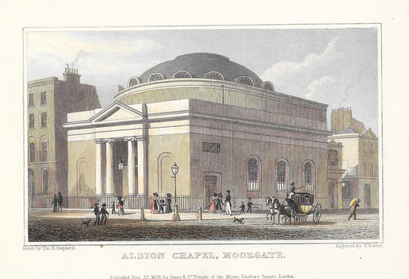 Moorgate, Albion Chapel, London antique print 1830