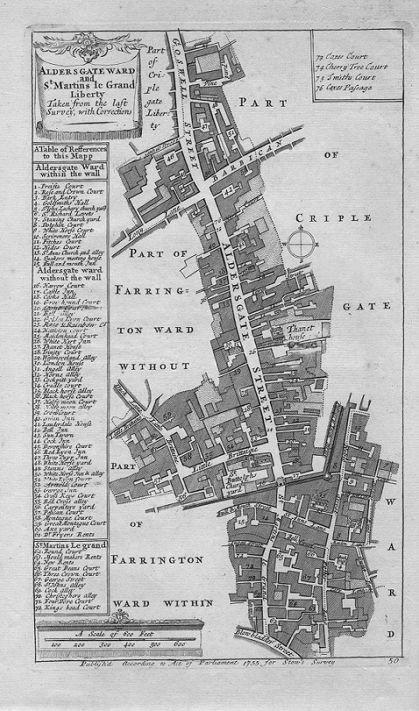 Aldersgate Ward antique map from Stow's Survey published 1755