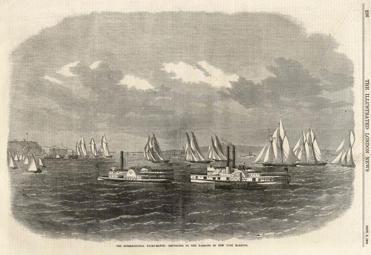 Americas Cup Race New York Harbour antique print 1870