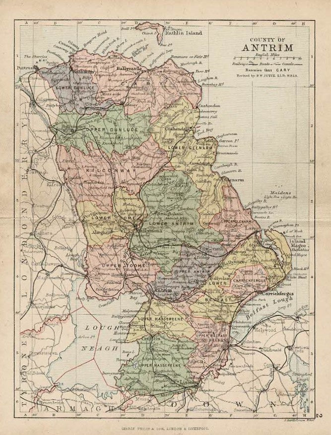 Antrim Ireland antique county map published 1882