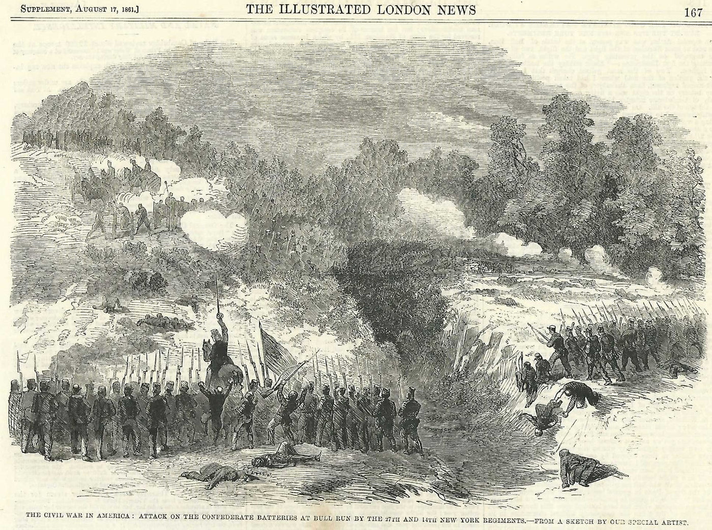 Bull Run American Civil War Union Army attack on Confederate batteries antique print 1861