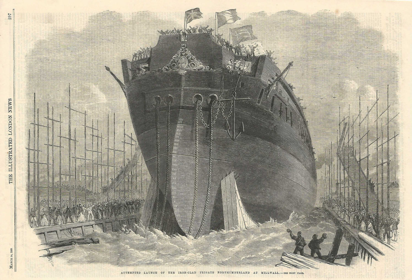 HMS Northumberland launch at Millwall antique print 1866