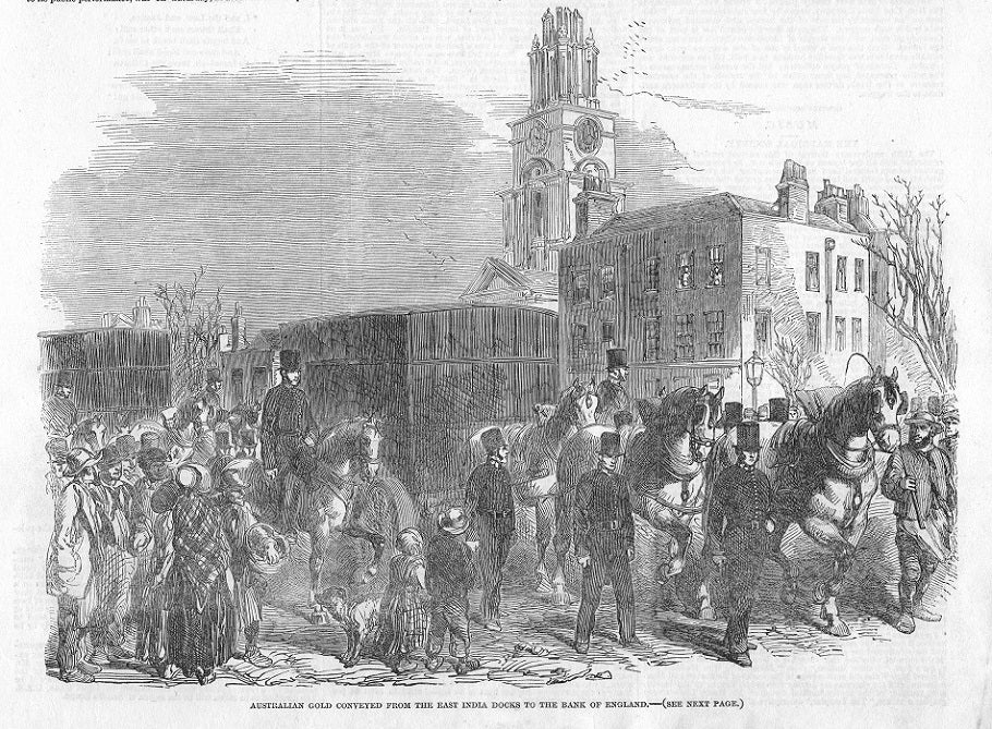 Gold from Australia passing Limehouse to Bank of England antique print 1853