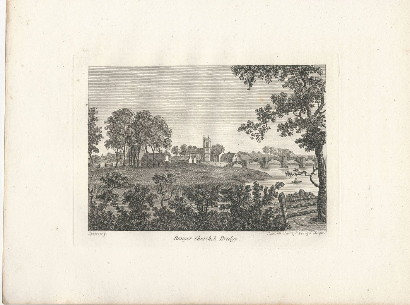 Bangor Church and Bangor Bridge antique print dated 1786