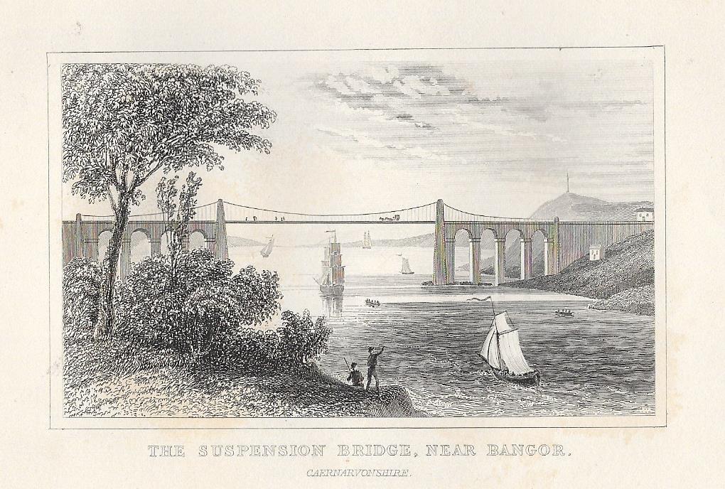 Bangor suspension bridge Gwynedd Wales antique print 1845