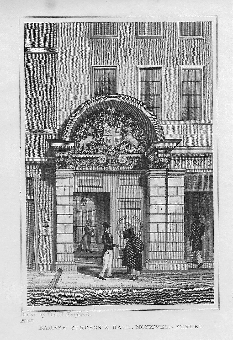 Barber Surgeons Hall London antique print 1830
