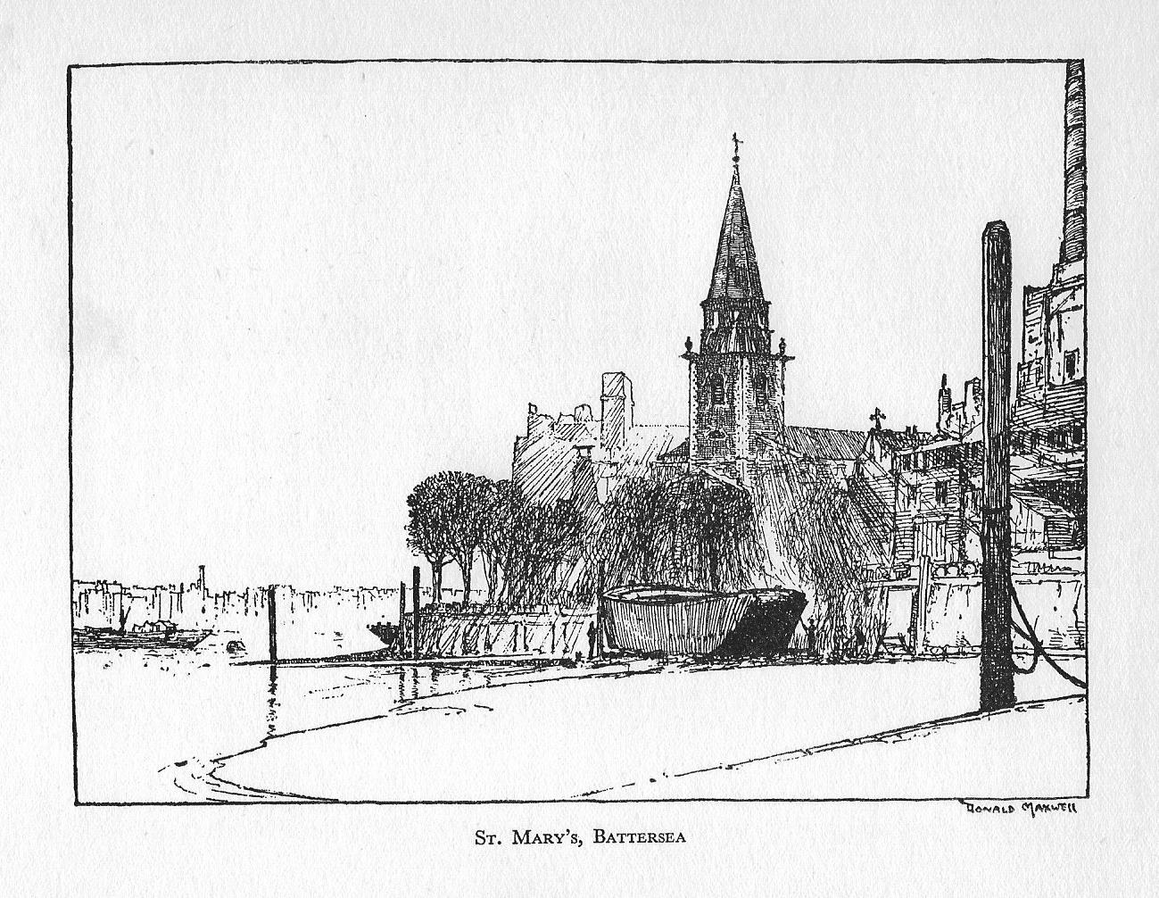 Battersea Church of St. Mary antique print published 1932.