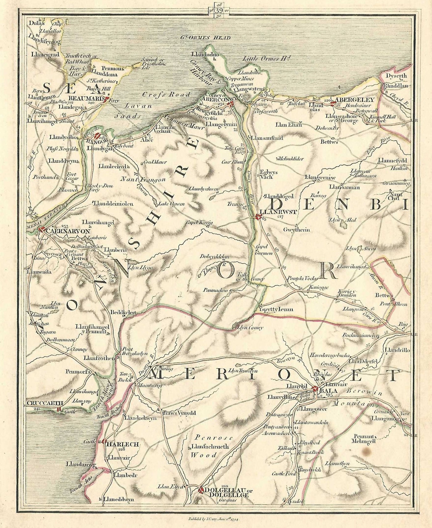 Bangor Beaumaris Caernarfon Aberconwy Llanrwst Bala Harlech antique map