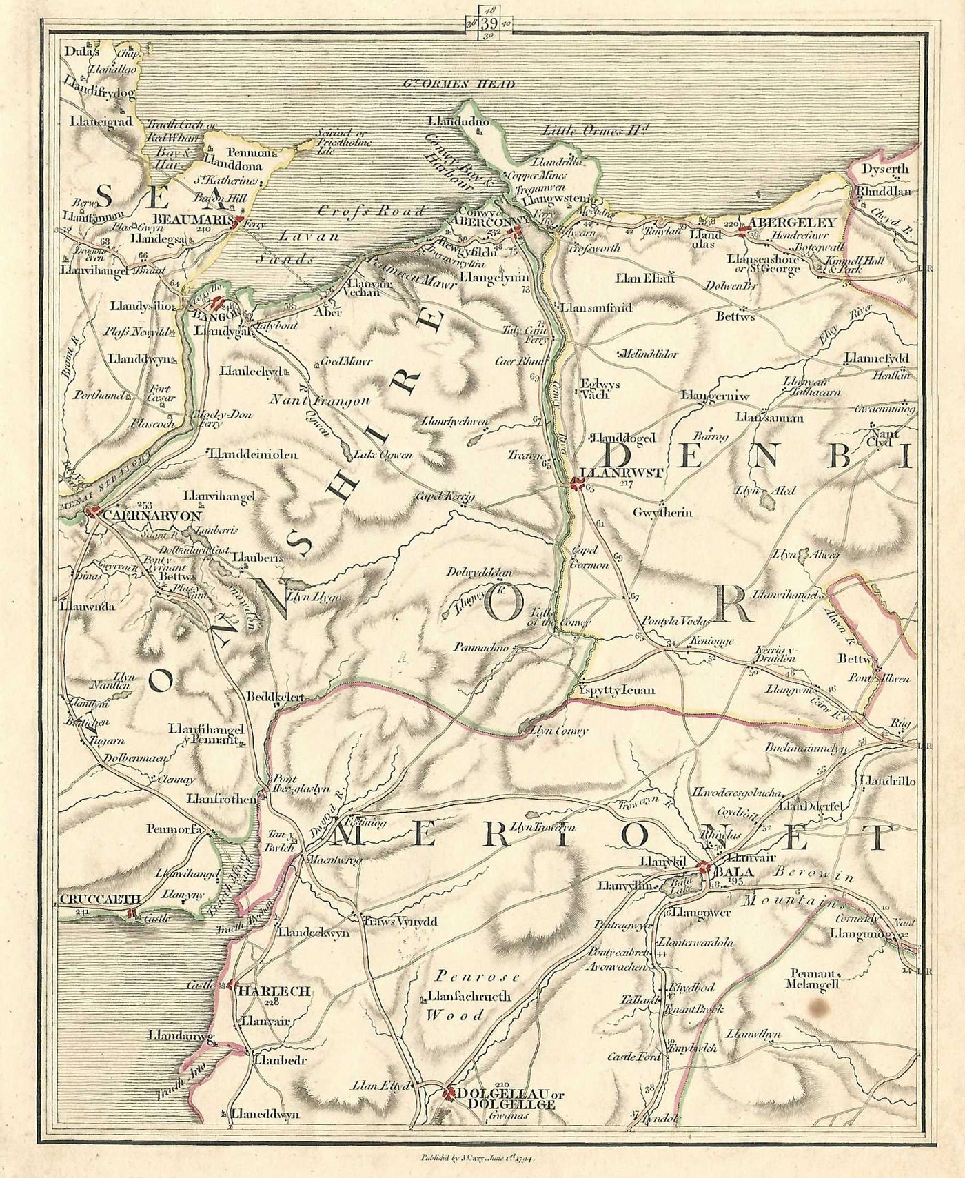 Bangor Beaumaris Caernarfon Aberconwy Llanrwst Bala Harlech antique map 1794