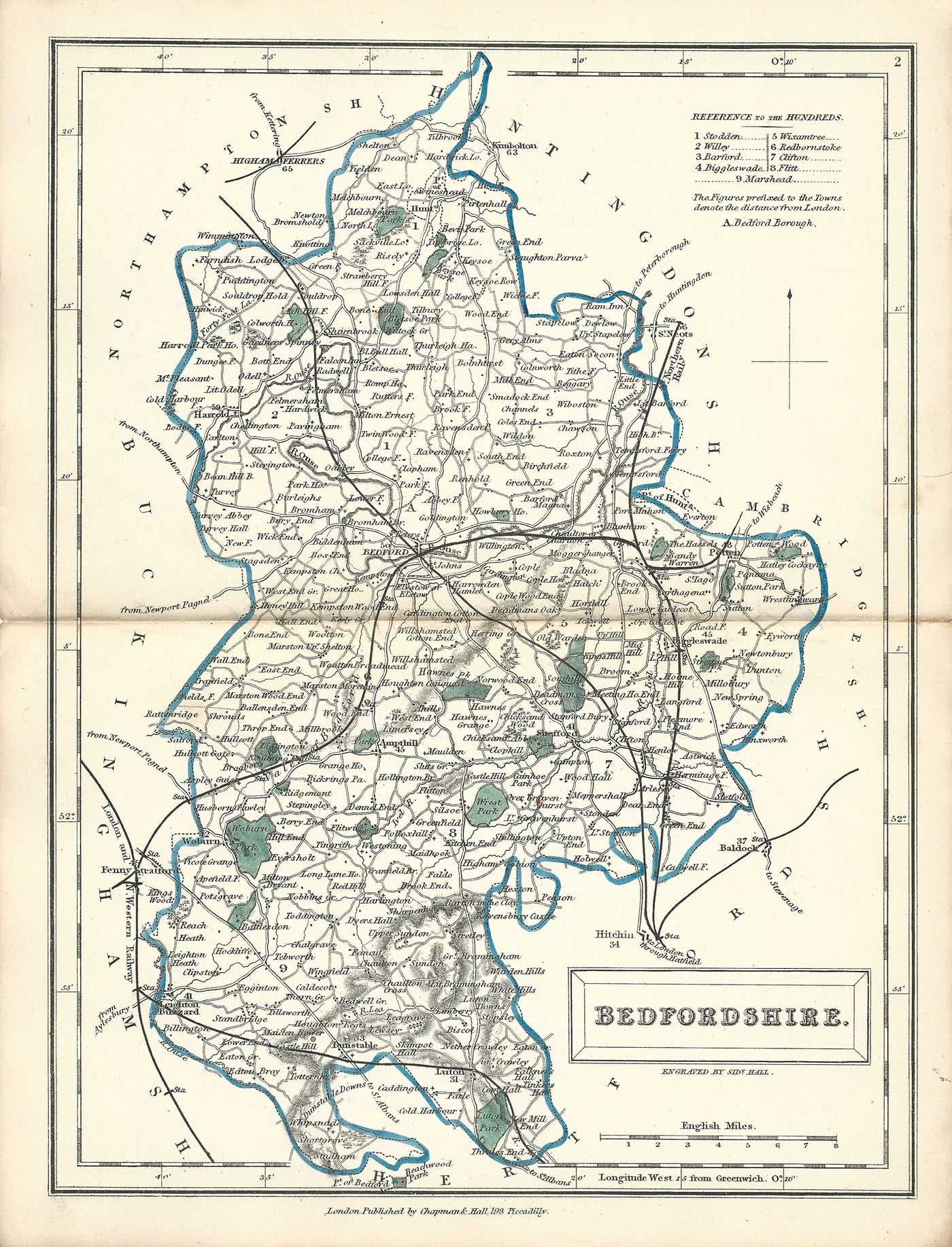 Bedfordshire antique map from  English Counties by Sidney Hall 1860