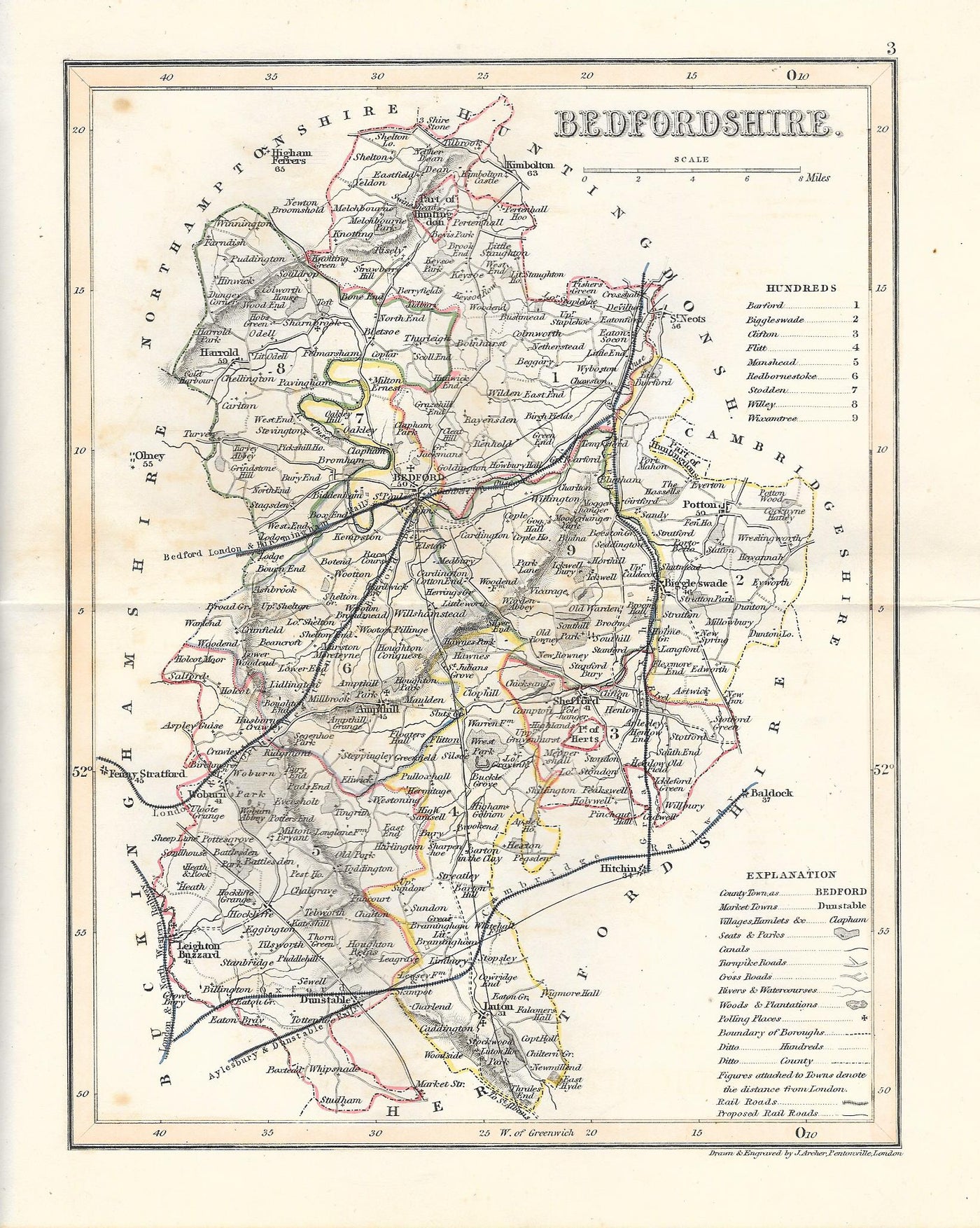 Bedfordshire original antique map published 1845