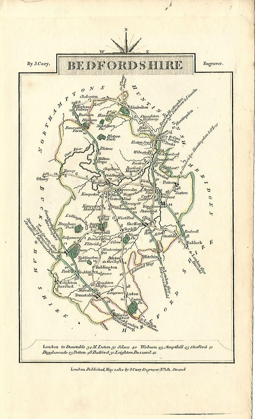 Bedfordshire original Georgian antique map by cartographer John Cary 1812