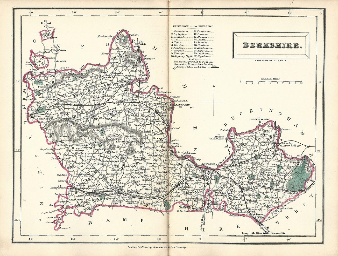 Berkshire antique map from English Counties by Sidney Hall published 1860