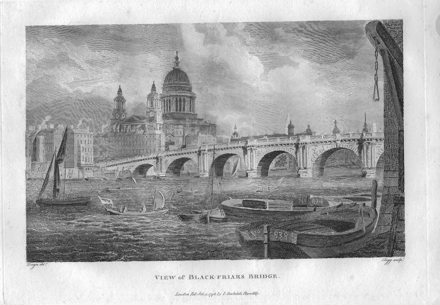 Blackfriars Bridge antique print dated 1796