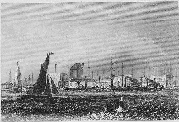 Blackwall across the River Thames from Greenwich antique print 1851