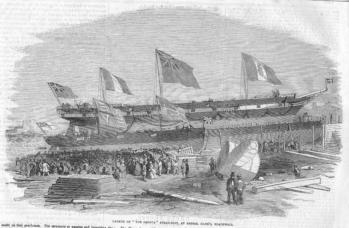 Blackwall launch of steam-ship 'The Genova' antique print 1856