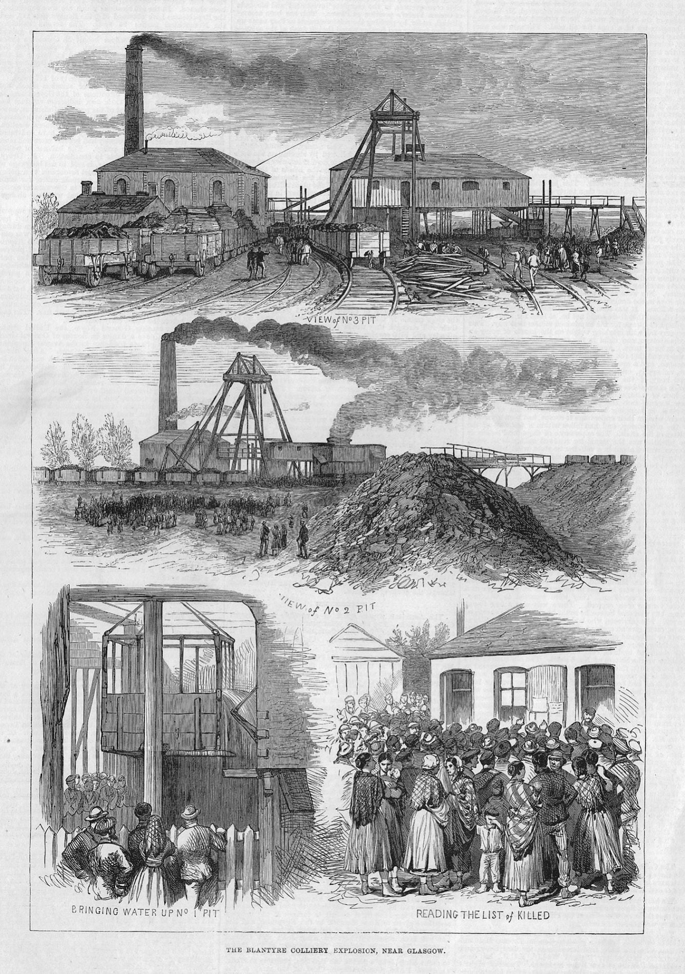 Blantyre Colliery mining explosion antique print 1877