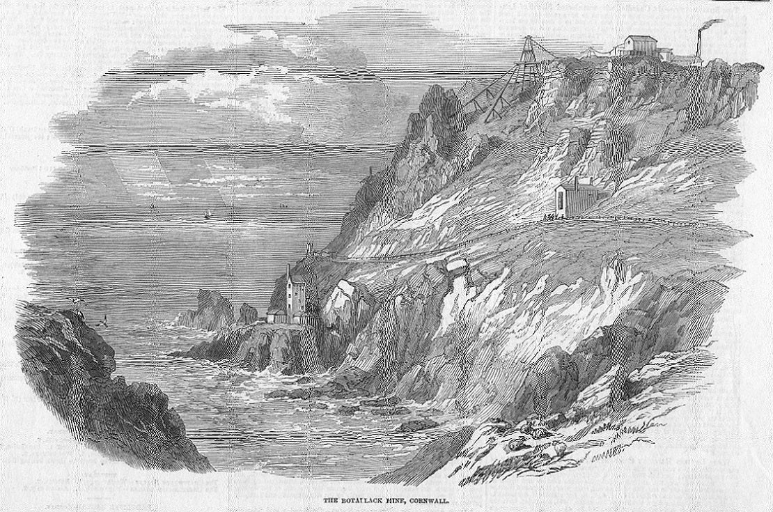 Botallack tin mine Cornwall antique print published 1852