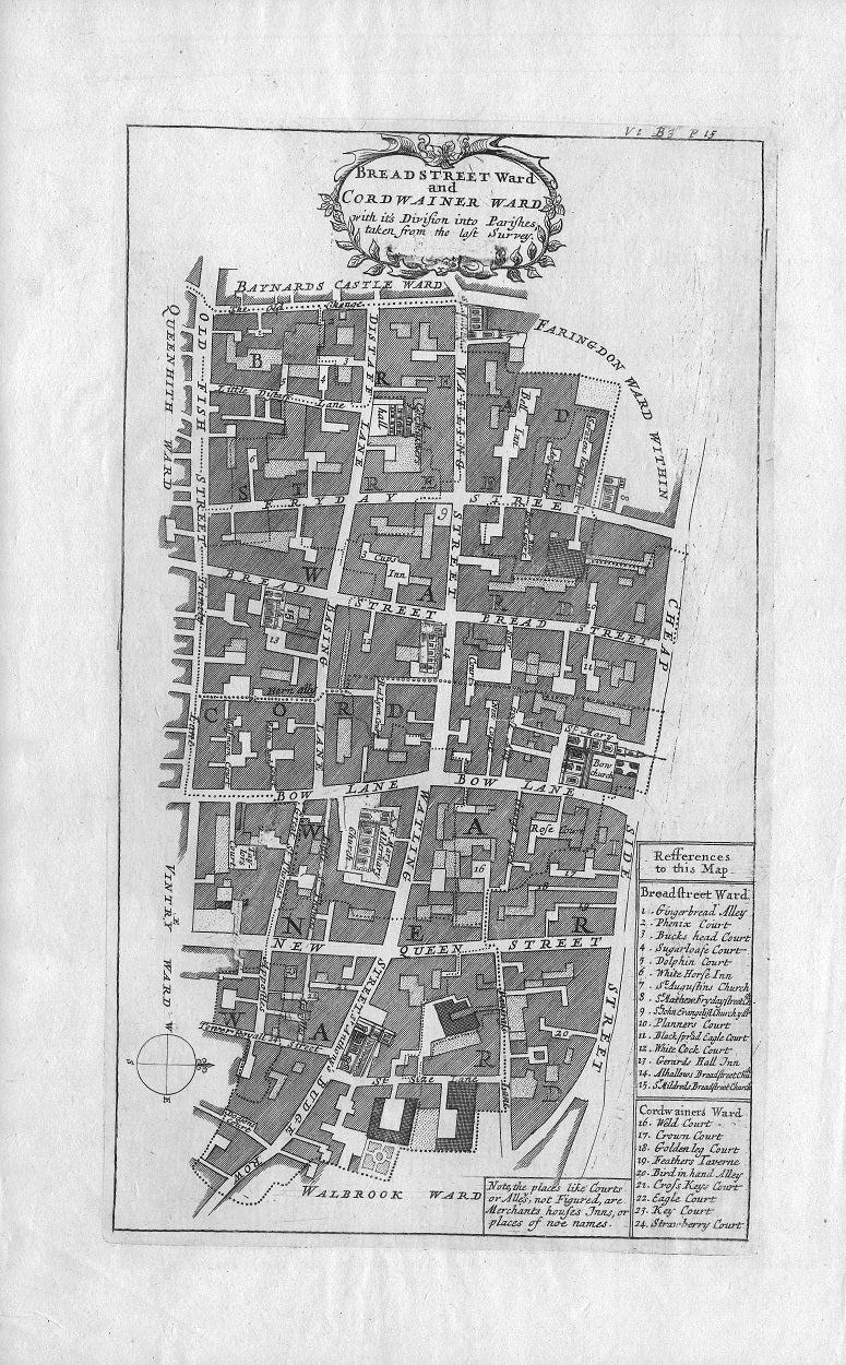 Breadstreet Ward and Cordwainers Ward antique map 1720