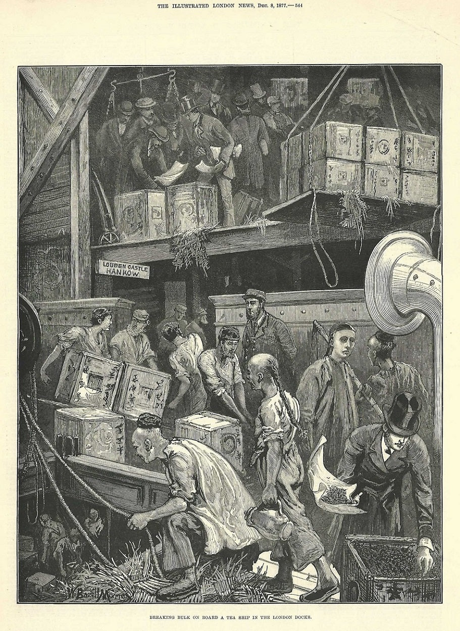London Docks Wapping unloading tea antique print 1877
