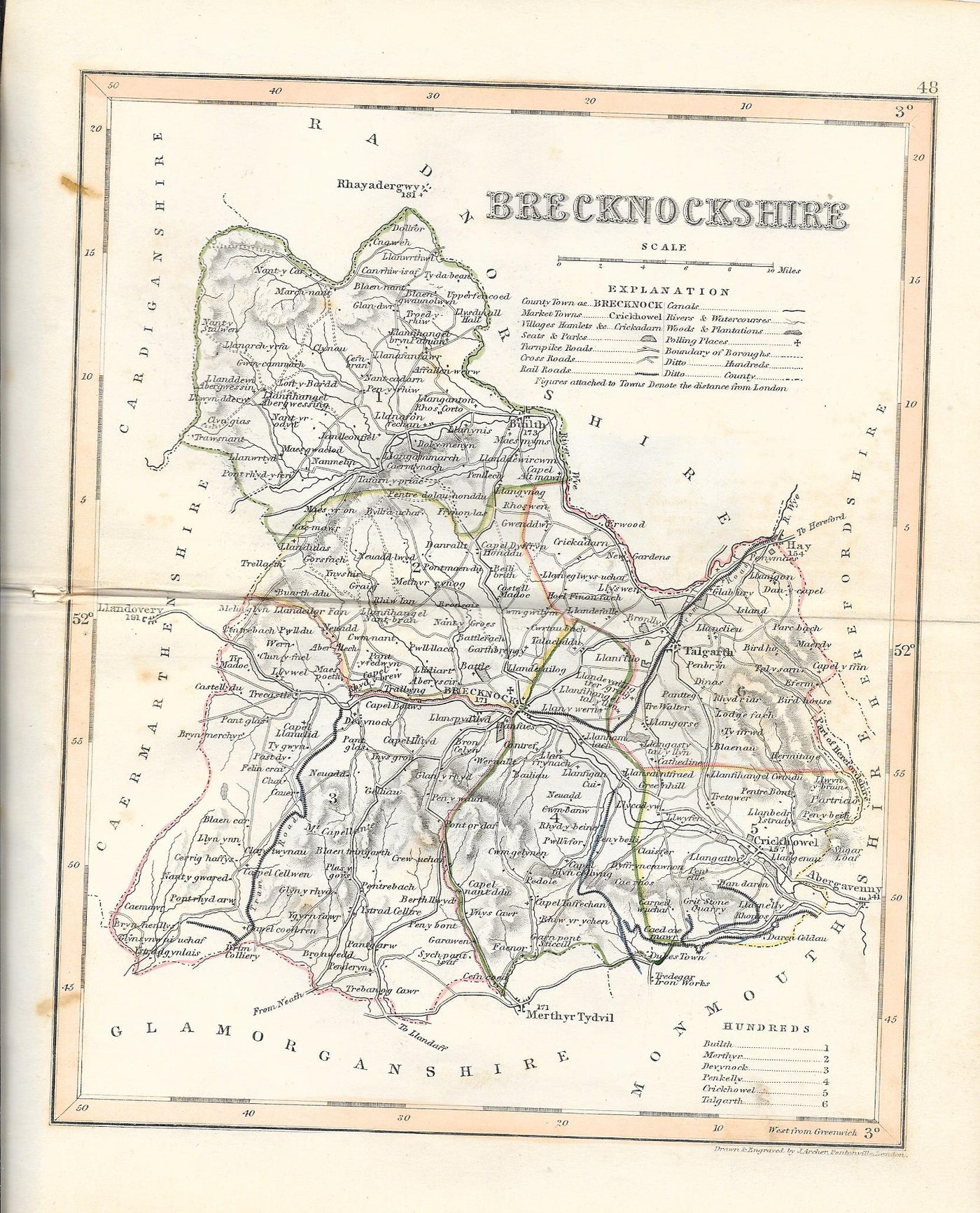 Brecknockshire Sir Frycheiniog Powys Cymru  Wales antique map 1845