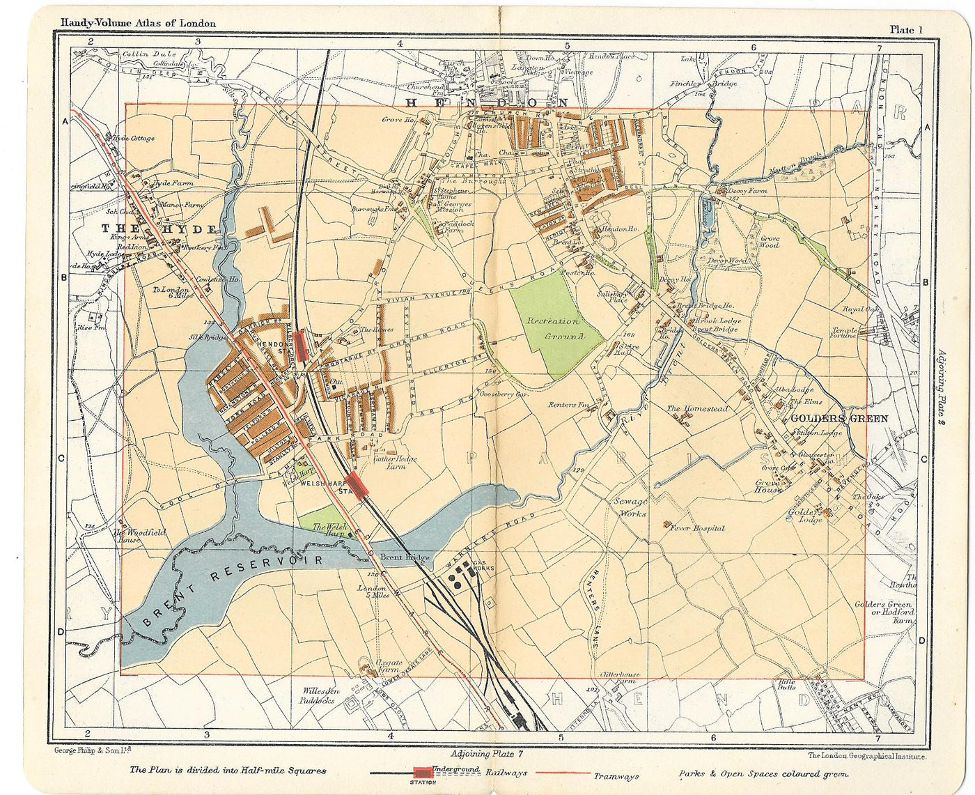 Brent Golders Green antique map 1902