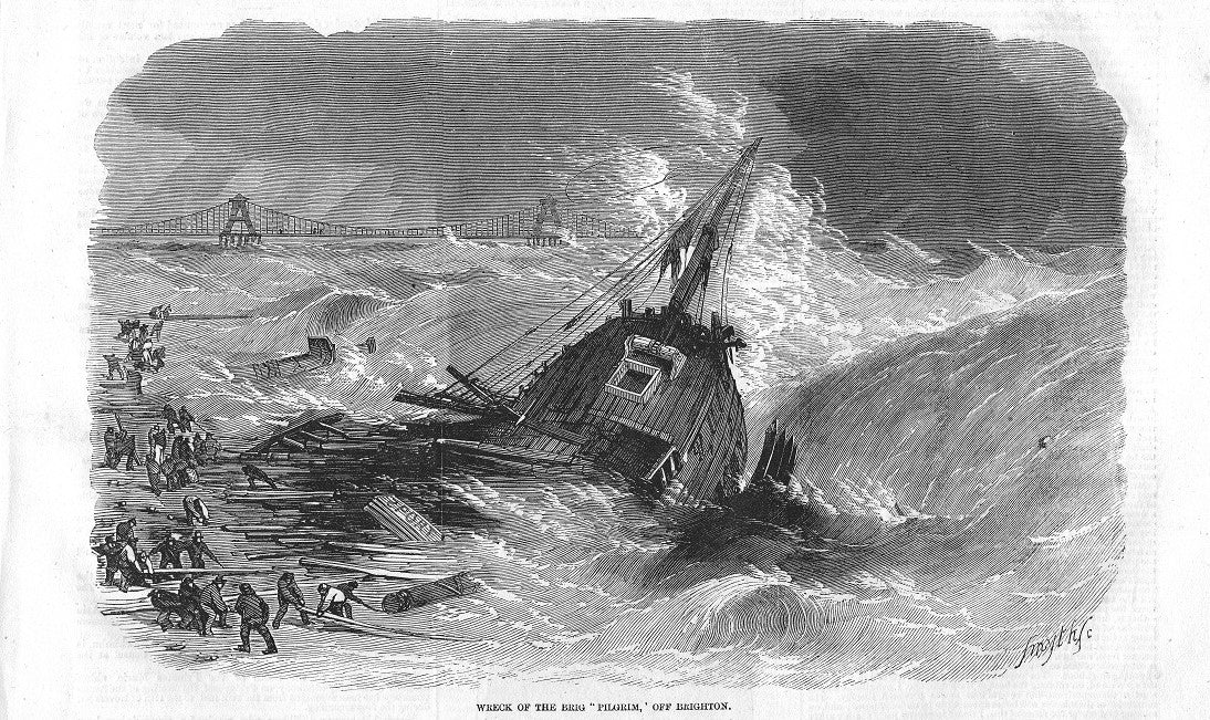 Brighton shipwreck of the Brig 'Pilgrim' antique print 1857