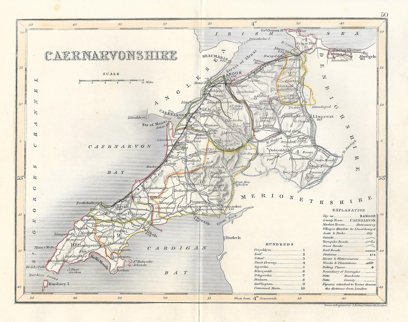 Caernarfonshire Caernarvonshire Carnarvonshire Cymru Wales antique map