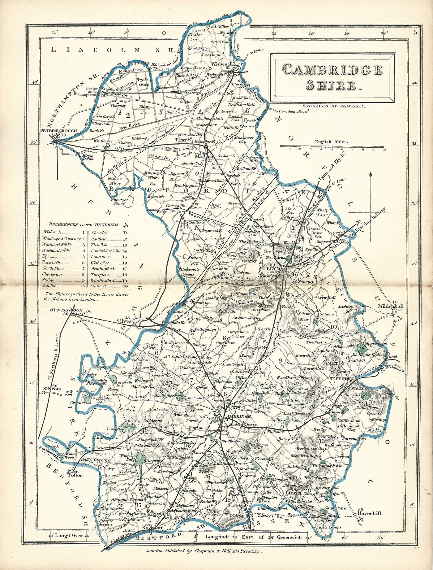 Cambridgeshire antique map from English Counties by Sidney Hall published 1860