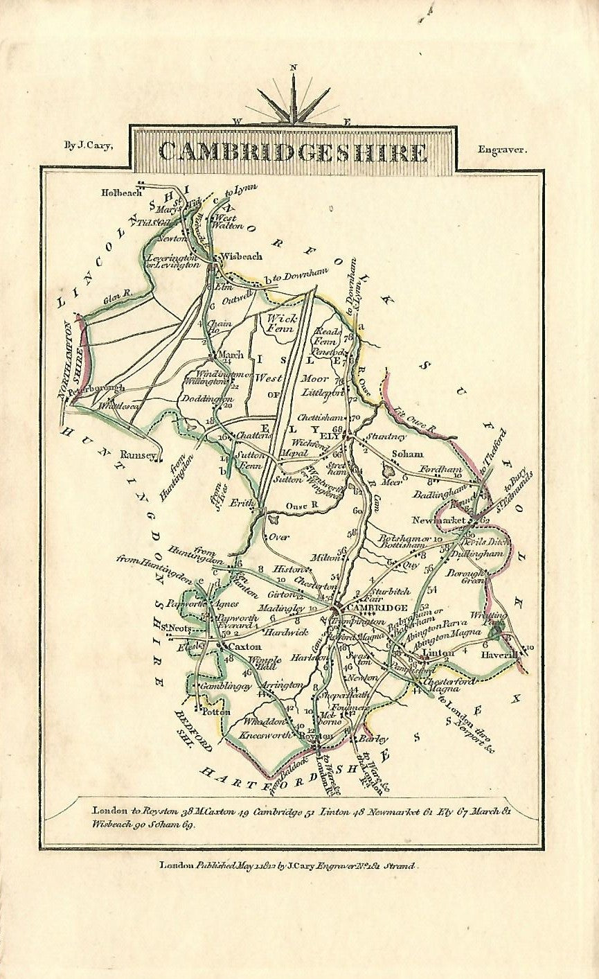 Cambridgeshire antique map by cartographer John Cary