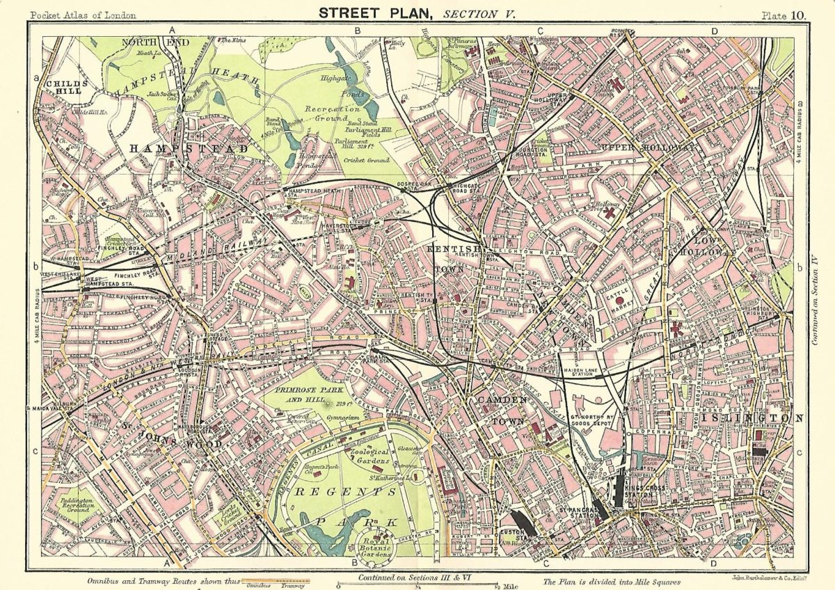 Camden Islington Hampstead antique map published 1914
