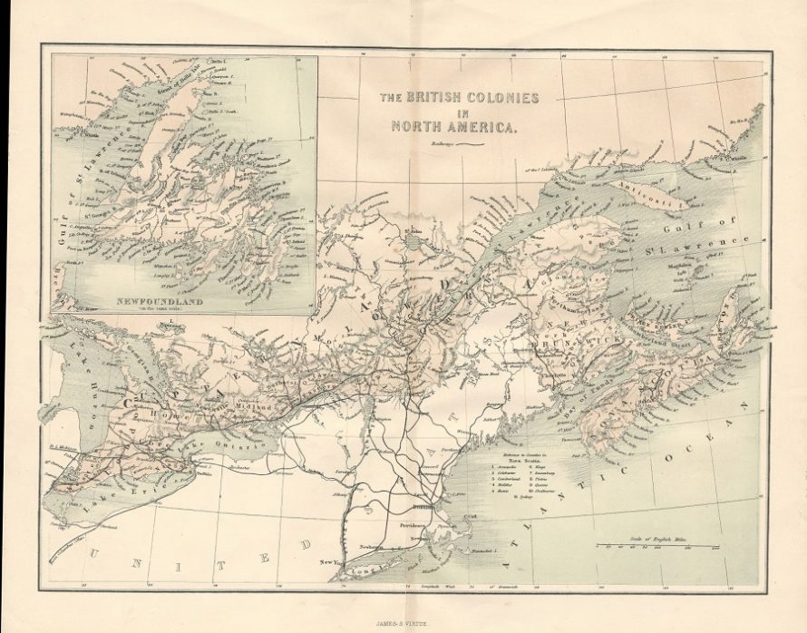 Canada and Newfoundland British Colonies antique map 1860