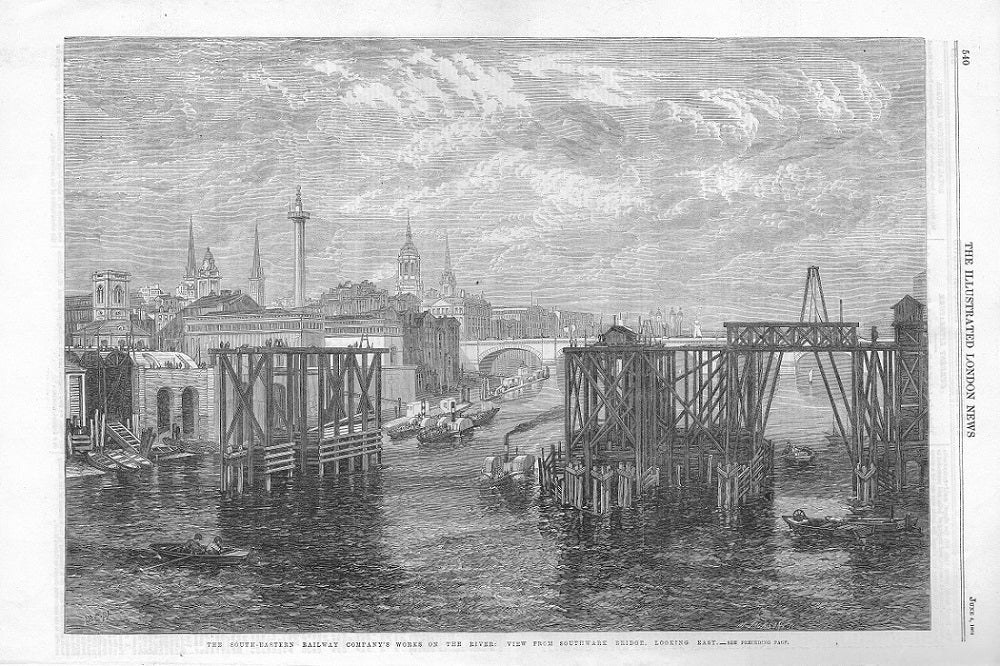 Cannon Street railway bridge across the River Thames antique print 1863