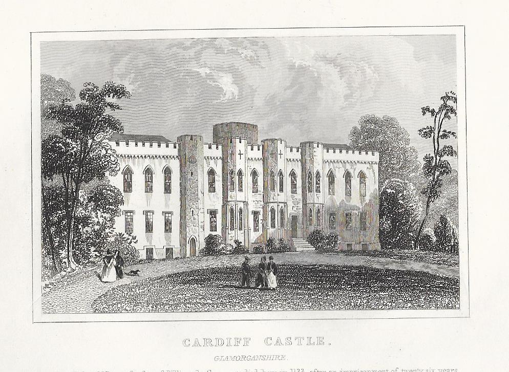 Cardiff Castle Glamorgan Wales antique print 1845