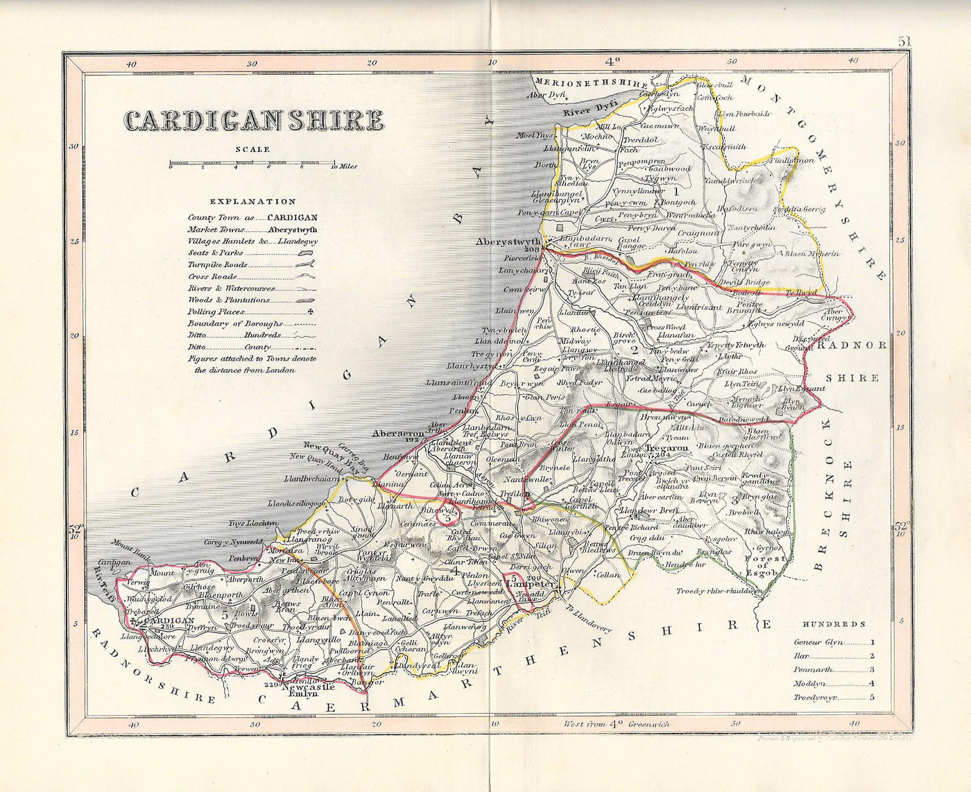 Cardigan Cardiganshire Ceredigion Cymru Wales antique map