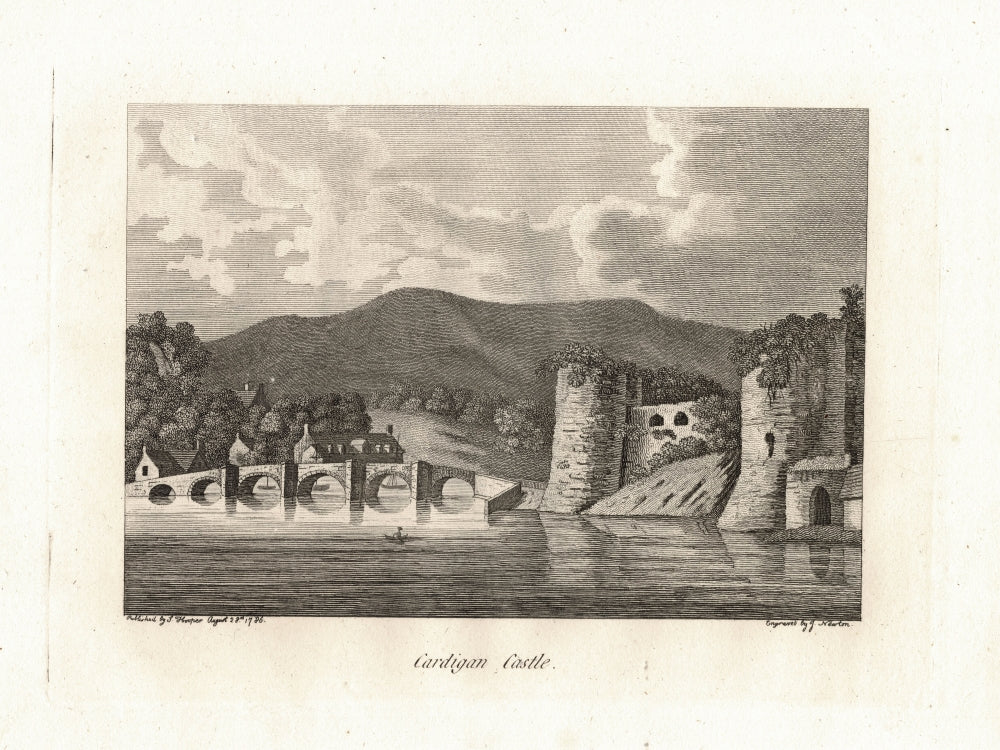 Cardigan Castle and bridge antique print 1786