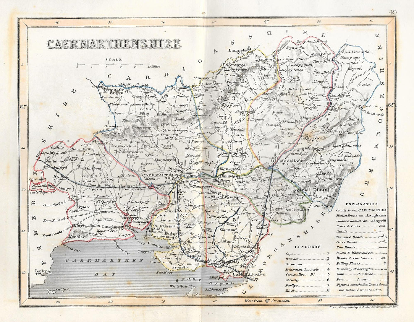 Carmarthenshire Caermarthenshire Sir Gaerfyrddin Wales antique map