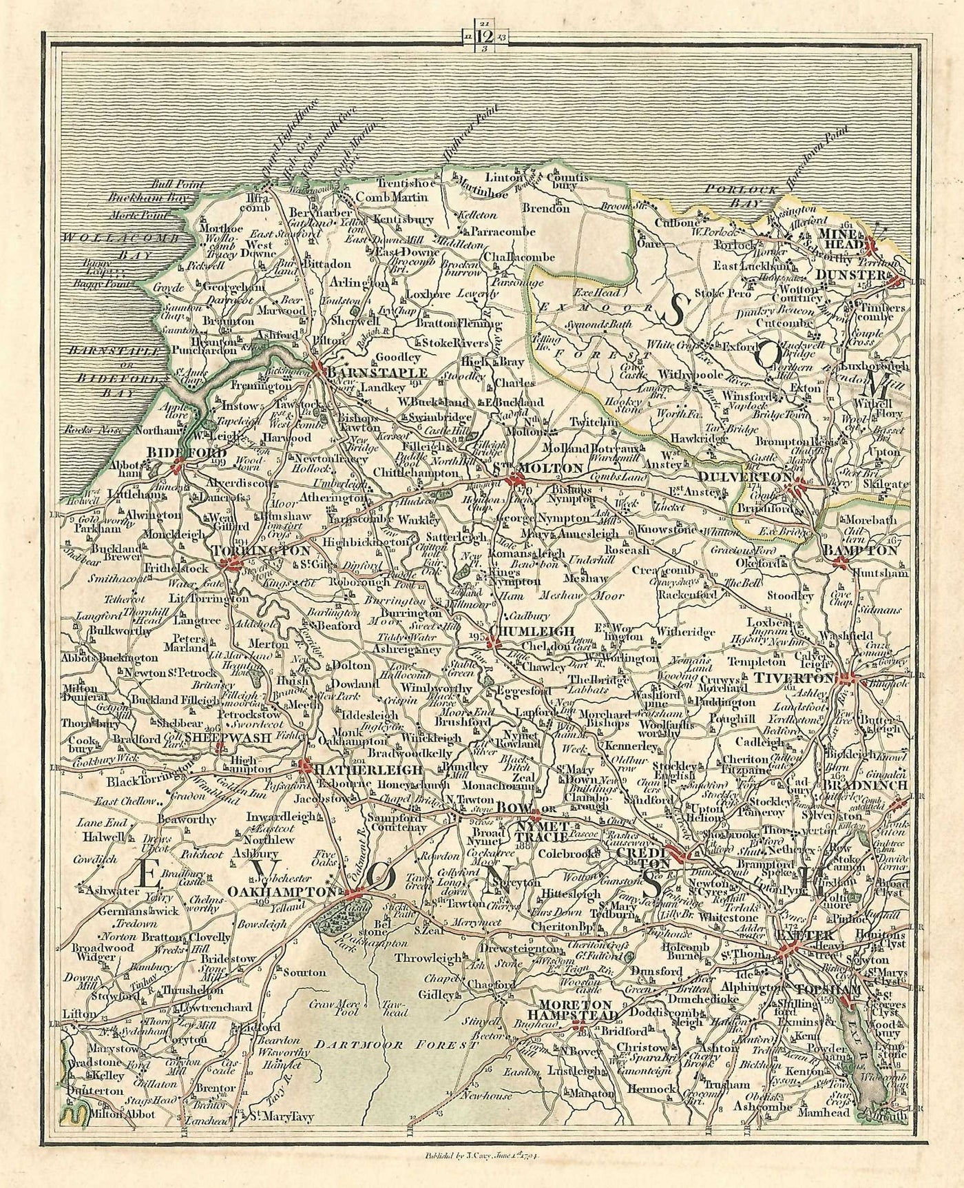 Devon antique map Oakhampton Tiverton Exeter Barnstable Minehead Dunster