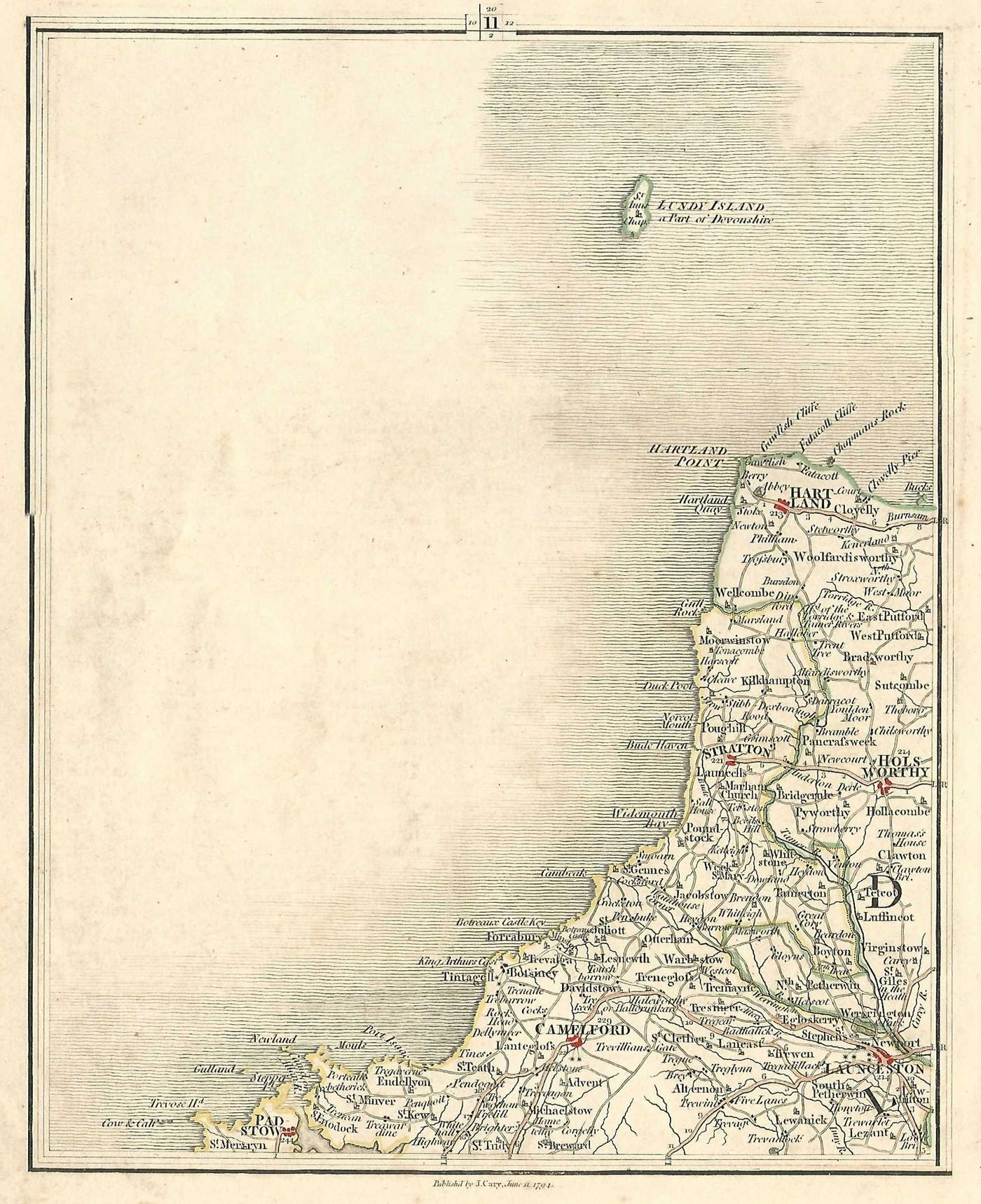 Cornwall and Devon antique map Lundy Padstow Camelford Launceston Hartland