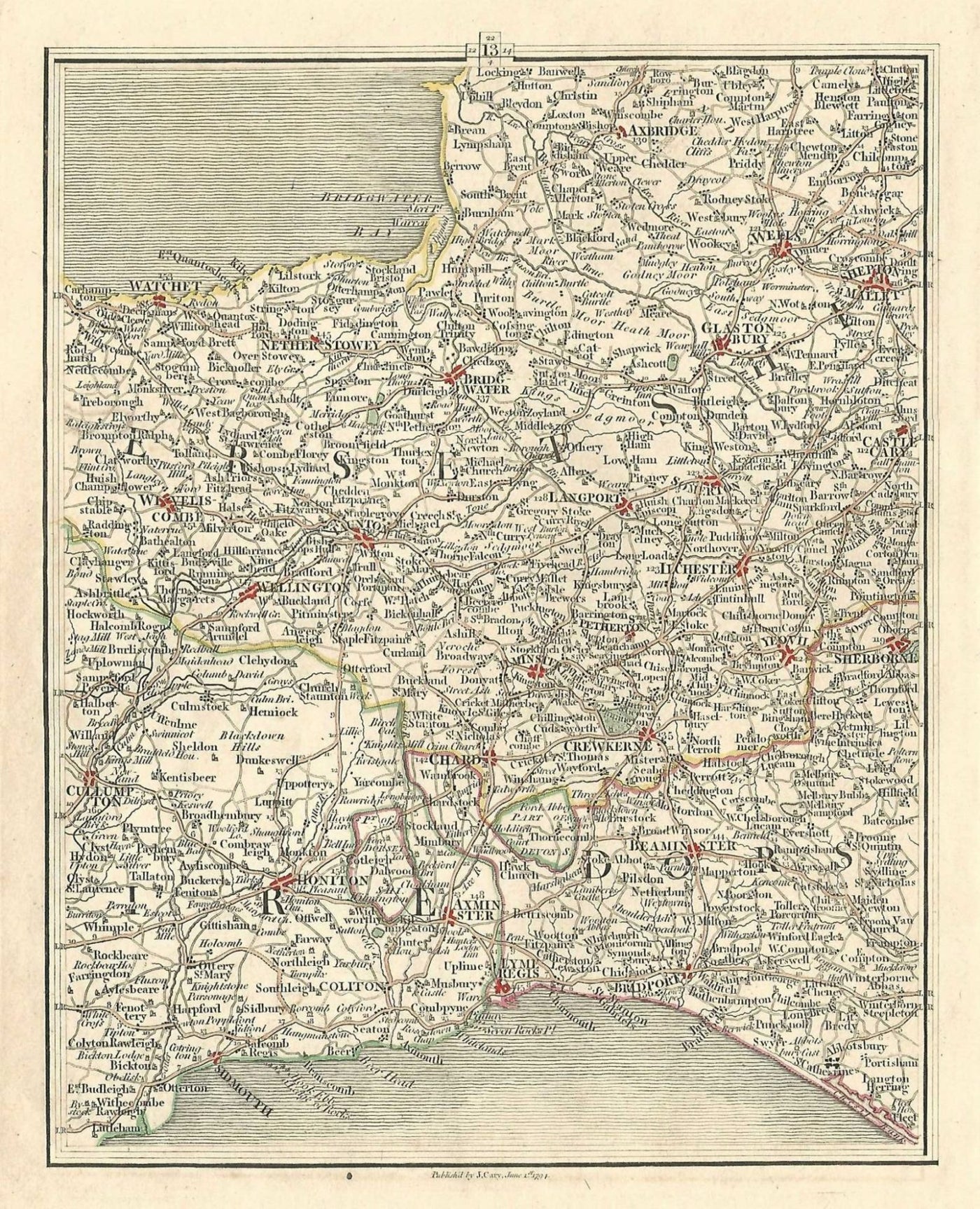 Somerset Devon Dorset antique map published 1794