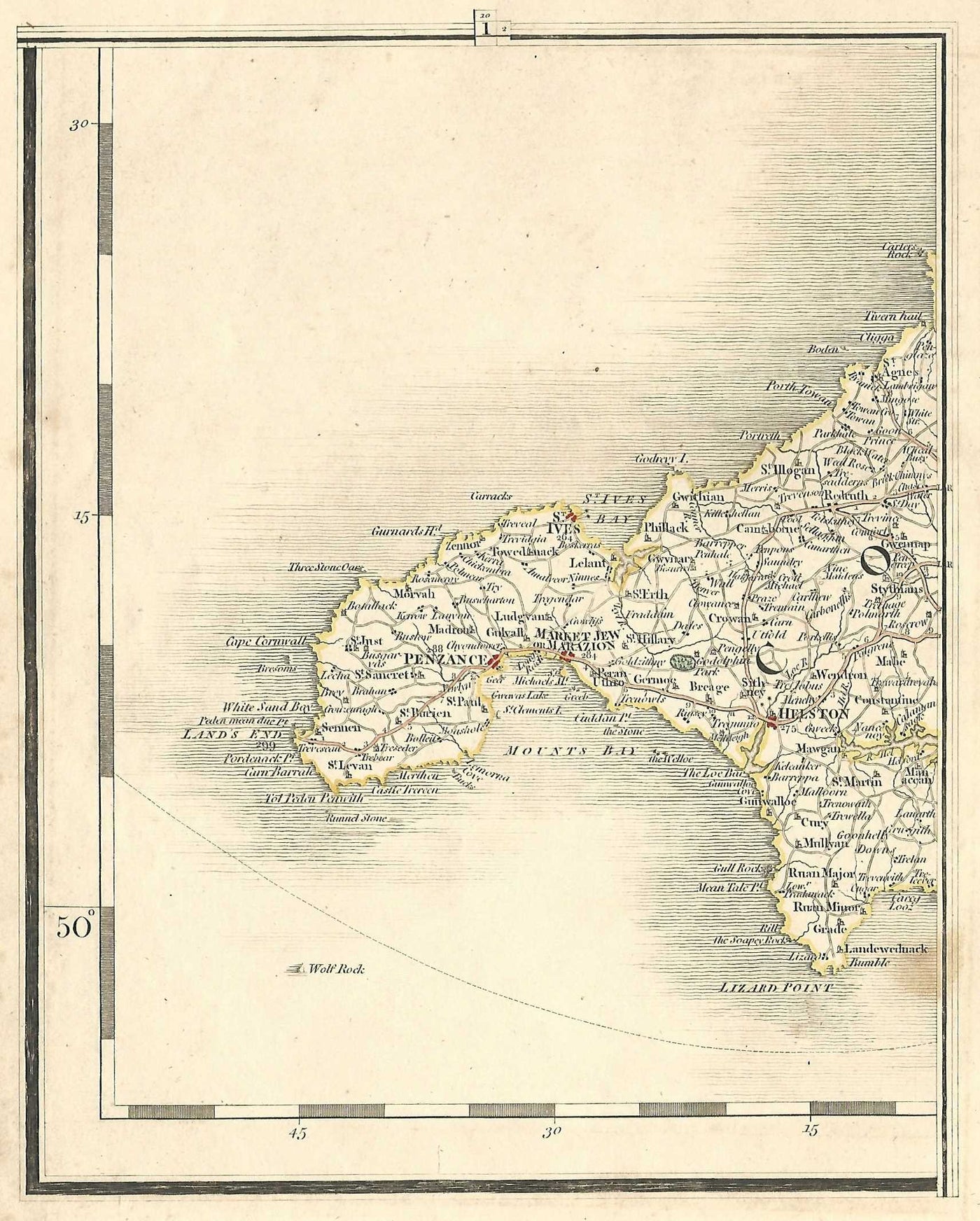 Cornwall antique map Lands End, Penzance, Marazion, Helston, St.Ives, Redruth