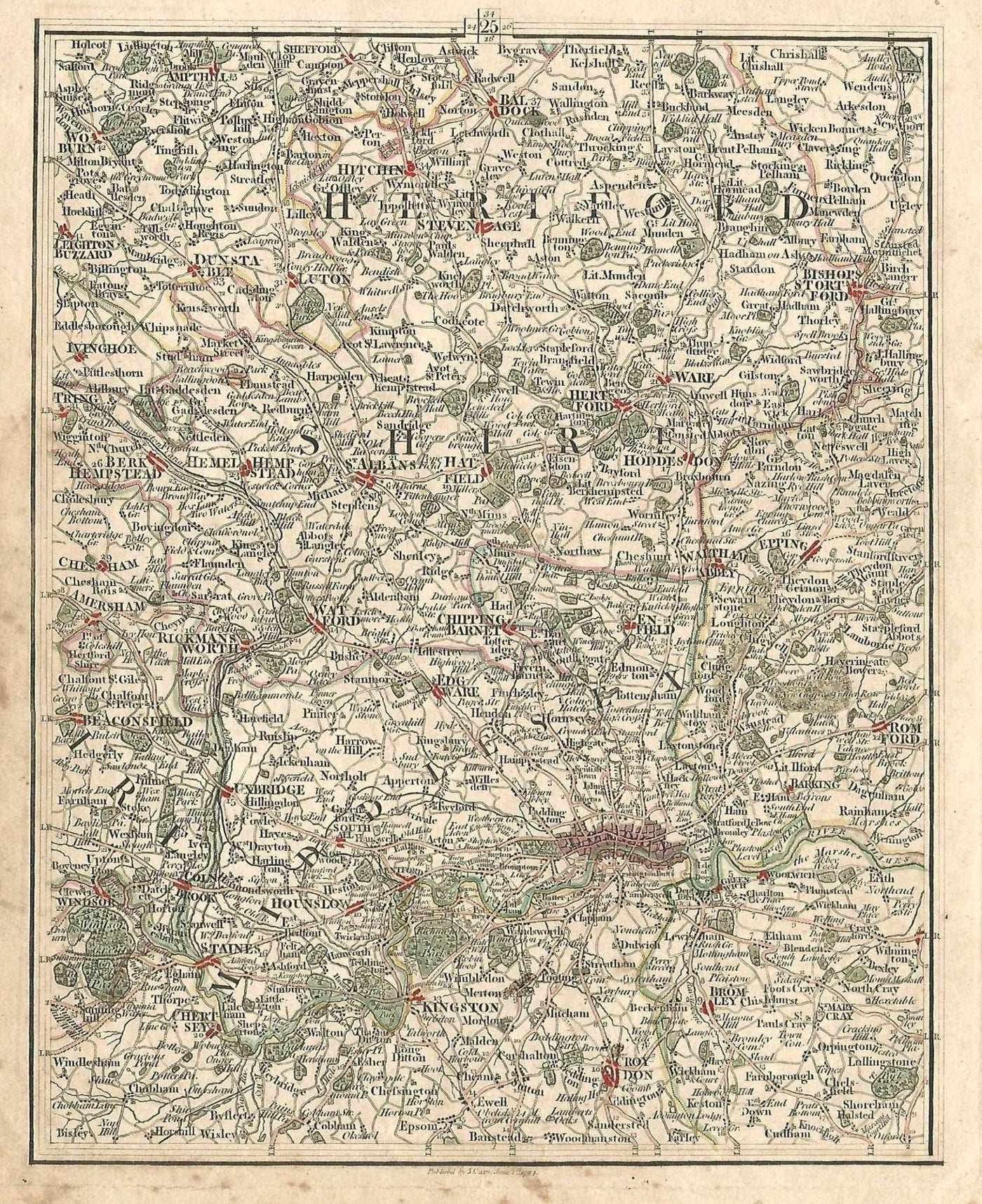 Middlesex Essex Hertfordshire Surrey Berkshire Bedfordshire Kent antique map 1794