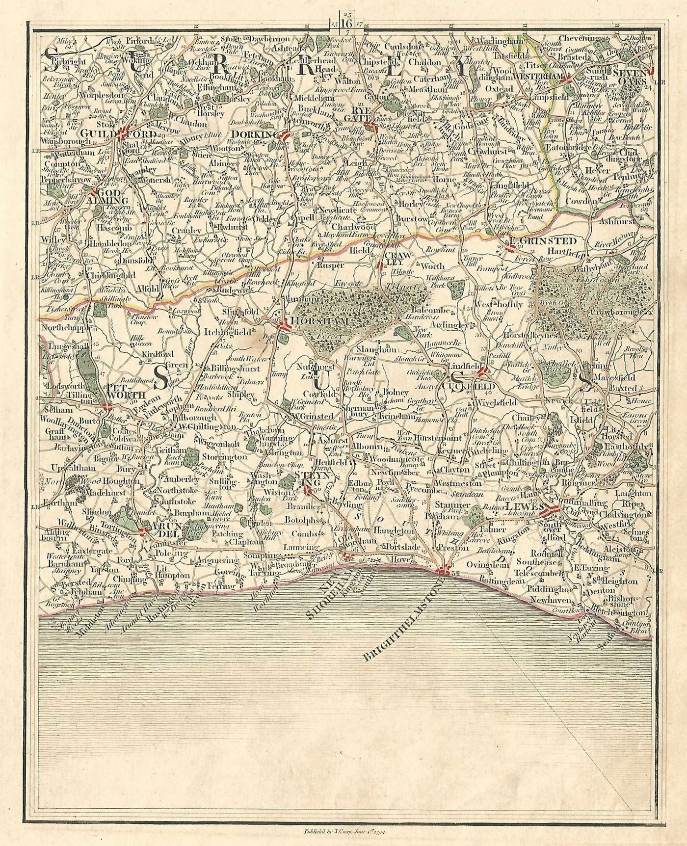 Sussex Surrey Georgian antique map published 1794 by John Cary