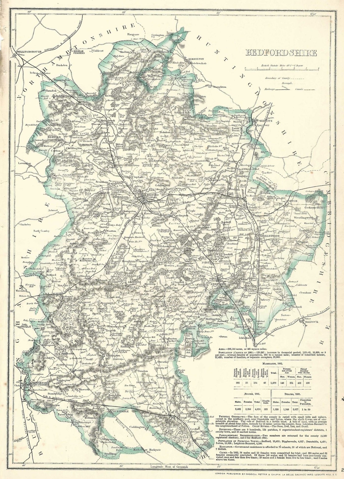 Bedfordshire antique map from Cassell's County Atlas 1864